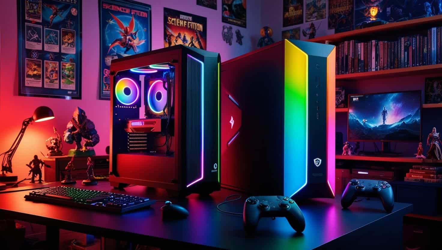 computador gaming e consola em um quarto geek